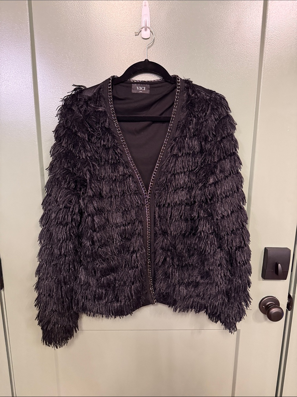 Vici Black Faux Fur Fringe Jacket with Chain Trim